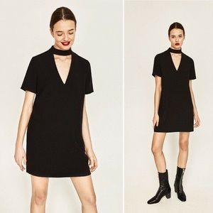 Zara V-Neck Choker Short Sleeve Black Dress